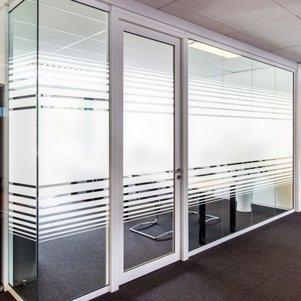 Dual Line Gradient I  Etched or White Frost (PVD7510-0001)
Our Dual Line Gradient I is available in both Etched Glass and White Frost. It also comes in both 60in and 30in widths, so you can get the right privacy for your space. The 60in wide design consists of a 22in wide line in the center with lines on either side gradating down from 2in wide to ¼in wide, spaced ¾in apart. The 30in wide is the same design at exactly half the size. Whether you choose etched or frost, it is a simple yet stylish way to add a little privacy to your home or office while still allowing lots of light.