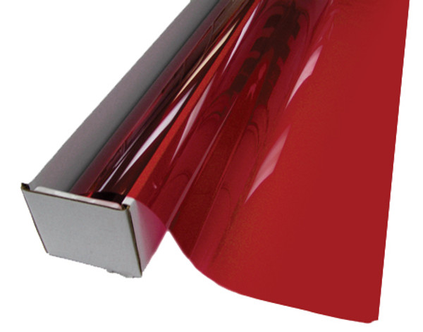 A roll of Rich Red-colored window film is partially unrolled from a cardboard box.
