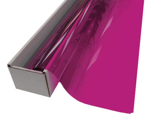 A roll of Raspberry-colored window film is partially unrolled from a cardboard box.