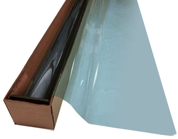 A roll of Blue Light 70 IR-colored window film is partially unrolled from a cardboard box. A roll of Blue Light 70 IR-colored window film is partially unrolled from a cardboard box.