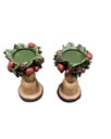 9" Christmas Holly Berry Wood Candle Holders - 2PC Set ( Small Case)