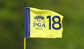 Mike Block Autographed 2023 PGA Oak Hill Replica Pin Flag 18th Hole