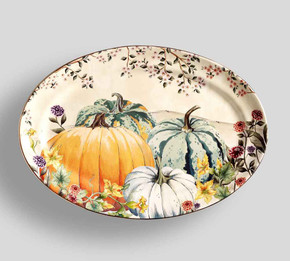 Botanical Harvest Pumpkin Stoneware Oval Serving Platter (23-G)