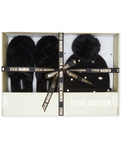 Steve Madden Women's Medium 2-Pc. Embellished Black Beanie & Faux-Fur Slippers Boxed Gift Set (SRack -C) Steve Madden Women's Medium 2-Pc. Embellished Black Beanie & Faux-Fur Slippers Boxed Gift Set (SRack -C)