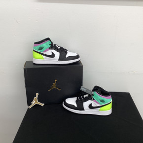 Nike Youth Air Jordan 1 MID GS Pastel, White/Black/Volt/Green Glow, 6.5Y