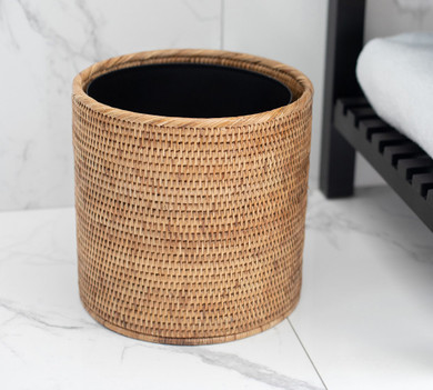 Tava Handwoven Rattan Round Wastebasket With Metal Liner Natural    (Bay1-E)