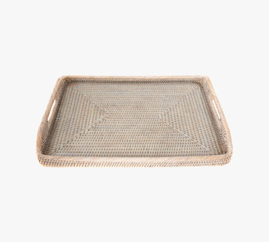 Tava Handwoven Rattan Serving Tray with Glass - Whitewash (Bay 6-D)