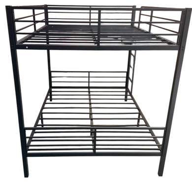 Full Over Full Bunk Bed Frame with Ladder & Guardrails – Black Finish (Floor Model | AS-IS) (Floor)