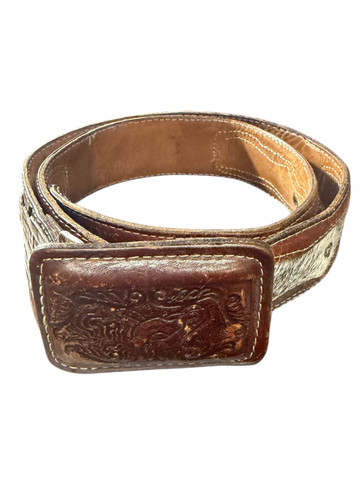 Men’s Tooled Leather Tab Hair-On Hide Vintage Brown Belt - USED - AS/IS (Shows Wear)