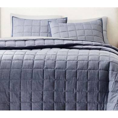 Blue Chambray Box Quilt Set King 3-Piece Blue King Quilt Set (YBay1)