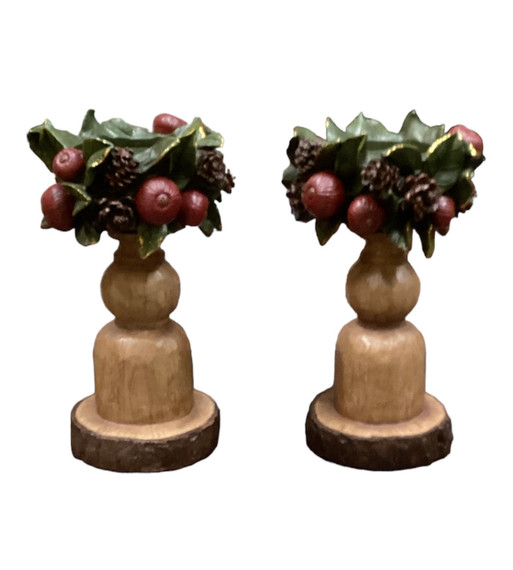 9" Christmas Holly Berry Wood Candle Holders - 2PC Set ( Small Case)