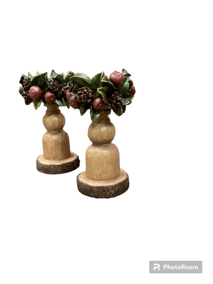 9" Christmas Holly Berry Wood Candle Holders - 2PC Set ( Small Case)