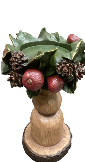 9" Christmas Holly Berry Wood Candle Holders - 2PC Set ( Small Case)