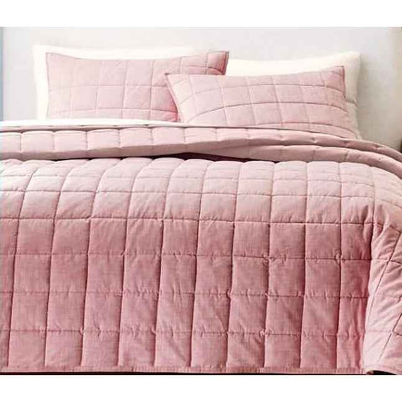 Red Blush Chambray Box Quilt Set Queen 3-Piece  (Bay 4-C)
