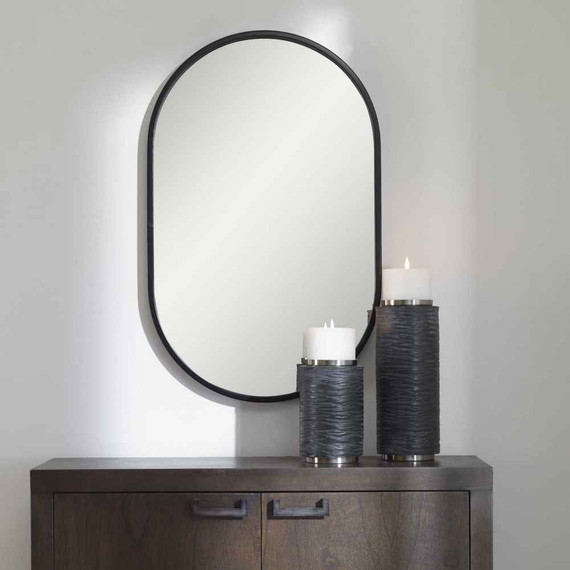 Uttermost Varina 32" x 20" Satin  Black Oval Sleek Vanity Bathroom Wall Mirror (RBay3-B)