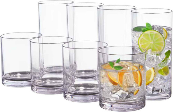 US Acrylic Classic Clear Plastic Reusable Drinking Glasses (Set of 8) 12oz Rocks & 16oz Water Cups (Bay7-C)