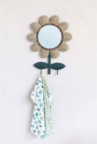 Creative Co-Op Hand-Woven Bankuan and Metal Flower 2 Hooks Wall Mirror (RBay3-B)