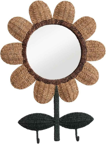 Creative Co-Op Hand-Woven Bankuan and Metal Flower 2 Hooks Wall Mirror (RBay3-B)