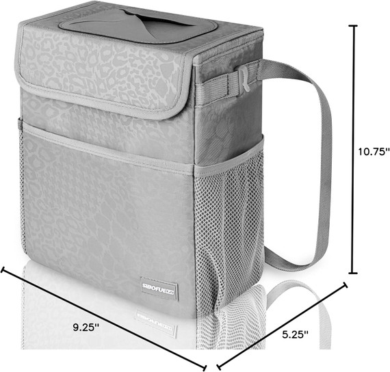 Leopard-Print Gray Car Trash Can with Lid – 2 Gallon Capacity (Bay 13-D)