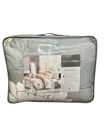 7 Piece Madison Park  Lola Grey & Pink Queen Comforter Set ( M Bay 1-C)