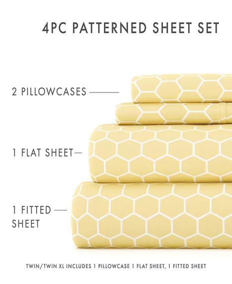 Ienjoy  4-Pc Ultra Soft Pattern Queen Sheet Set- Yellow (Bay 4-B)