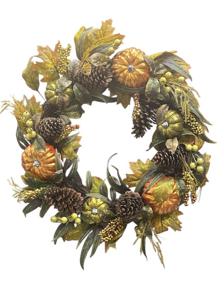 24" Autumn Harvest Pumpkin & Pinecone Wreath
