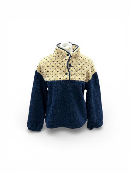 Cider Small Blue & Beige Fleece Stand Collar Two Tone Patchy Drawstring Oversized Sweatshirt Curve & Plus (BC-5)