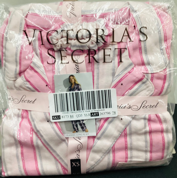 Victoria's Secret  Extra Small Flannel Long PJ Set White/Pink Lurex Candy Stripe  (BC10)