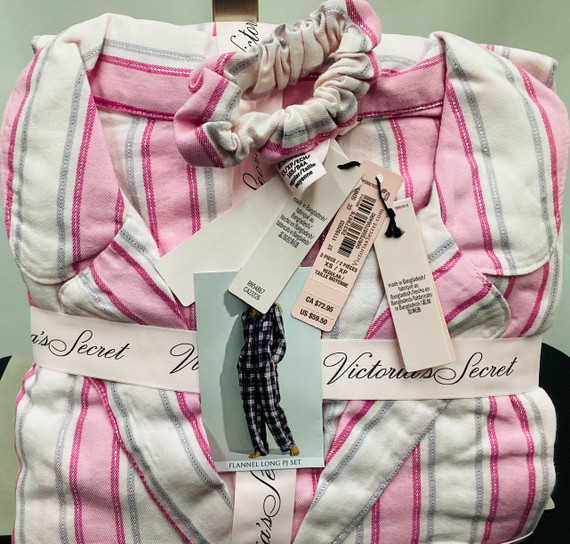 Victoria's Secret  Extra Small Flannel Long PJ Set White/Pink Lurex Candy Stripe  (BC10)