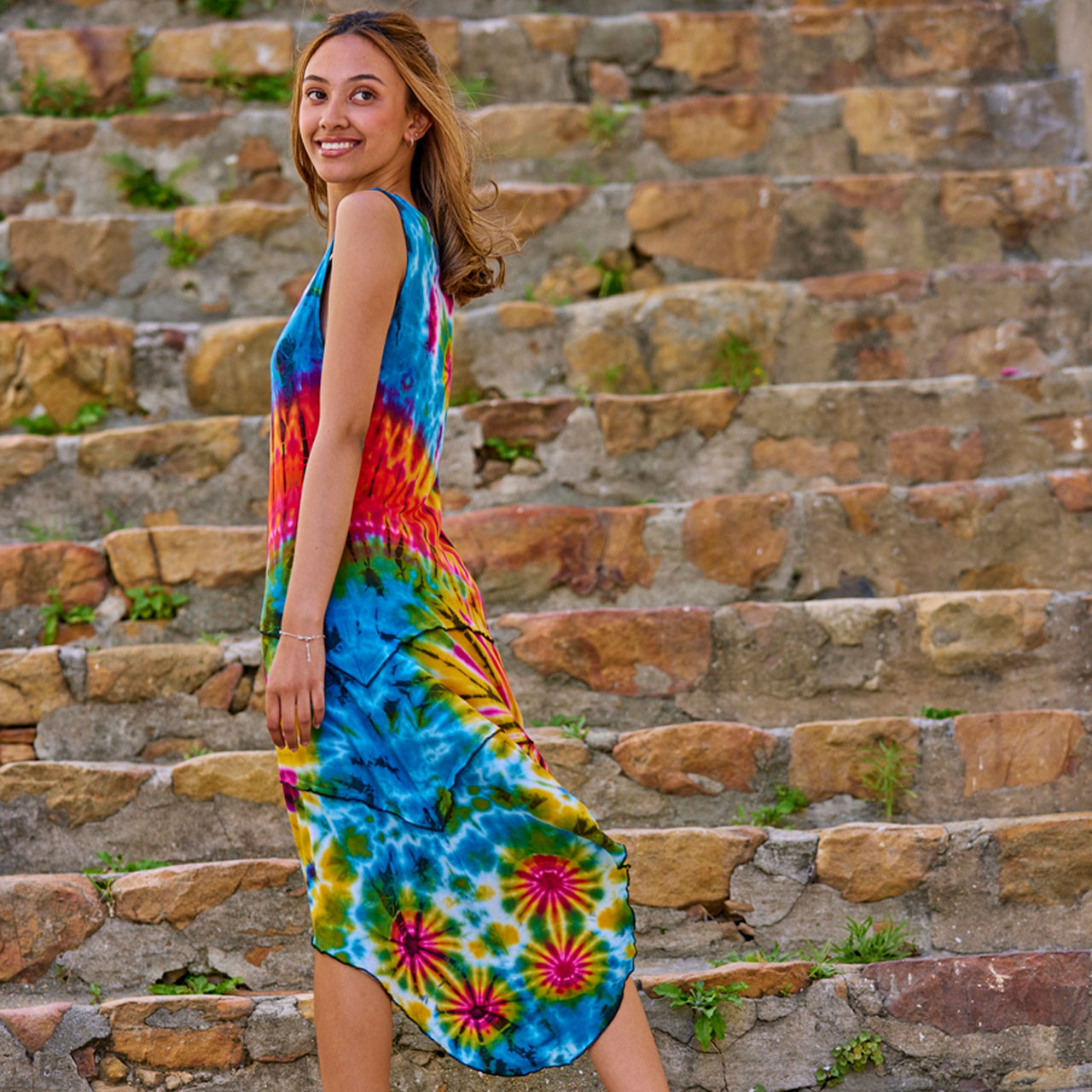 HOLD ON DRESS Spandex Rayon Mudmee Tie Dye Multi Angle Cut Layered