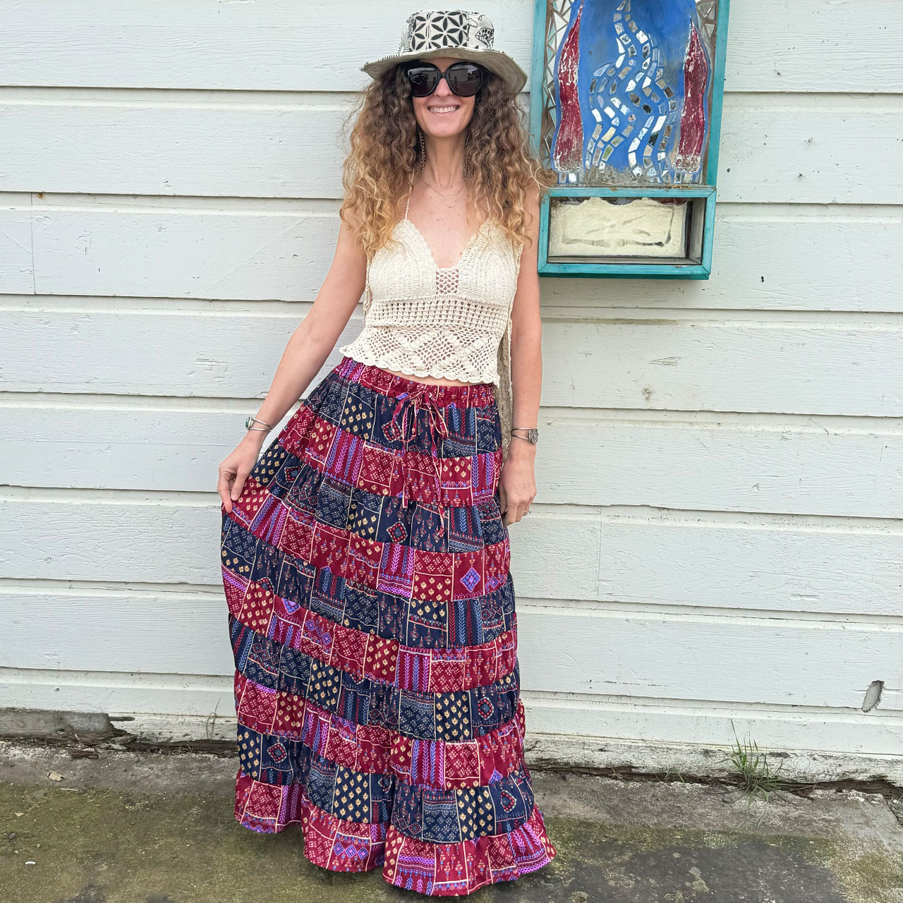 TEA FOR TWO MAXI SKIRT - Rayon Crepe Faux Patchwork Print Elastic