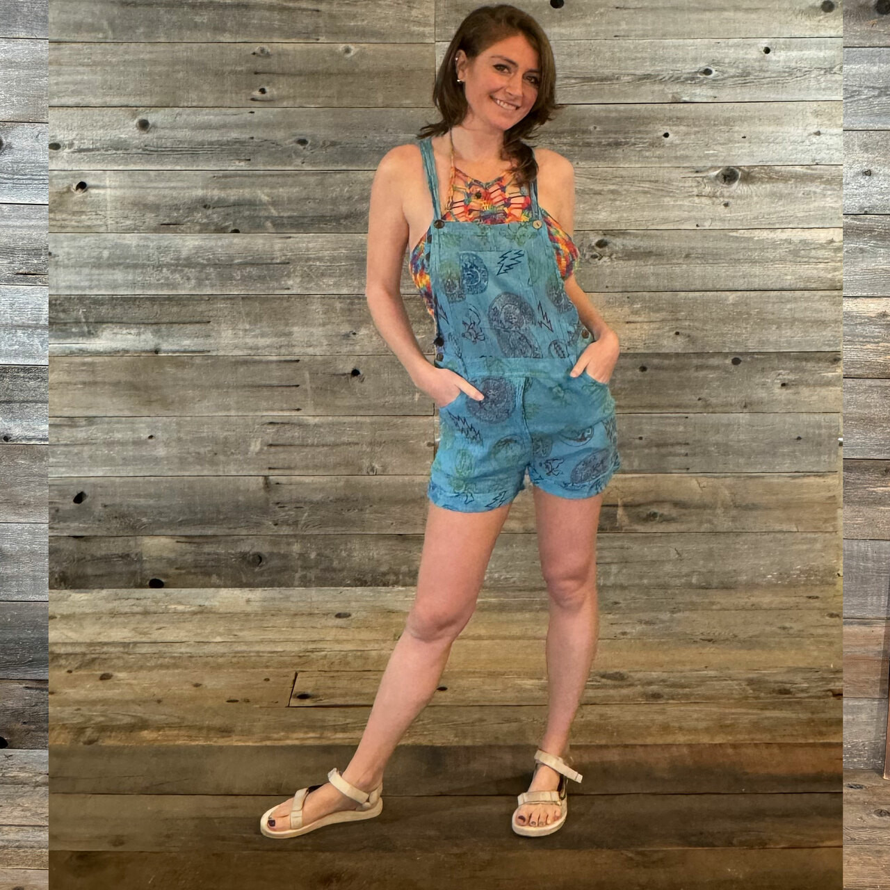 MIGHT AS WELL SHORTS OVERALLS Cotton Multi GD Rainbow Print Fitted