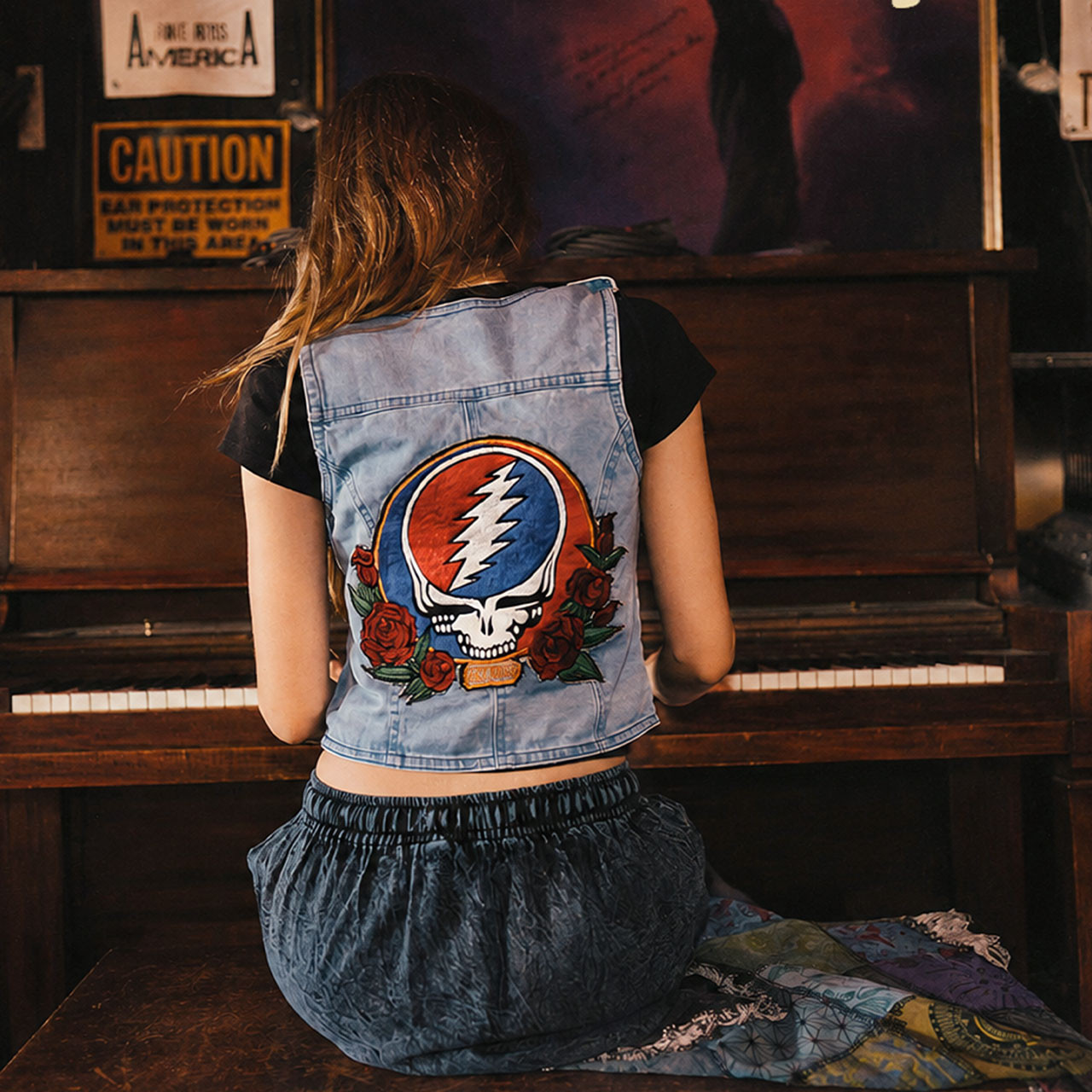 Vintage Stretch Denim Vest with Grateful Dead Denim Vest