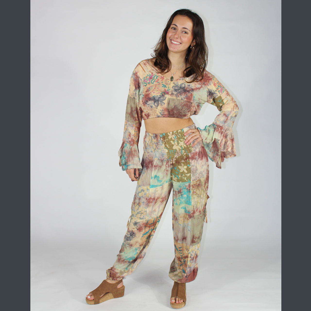 SUMMER SERENADE TOP Rayon Patchwork Tie Dye 3/4 Sleeve Crop Top