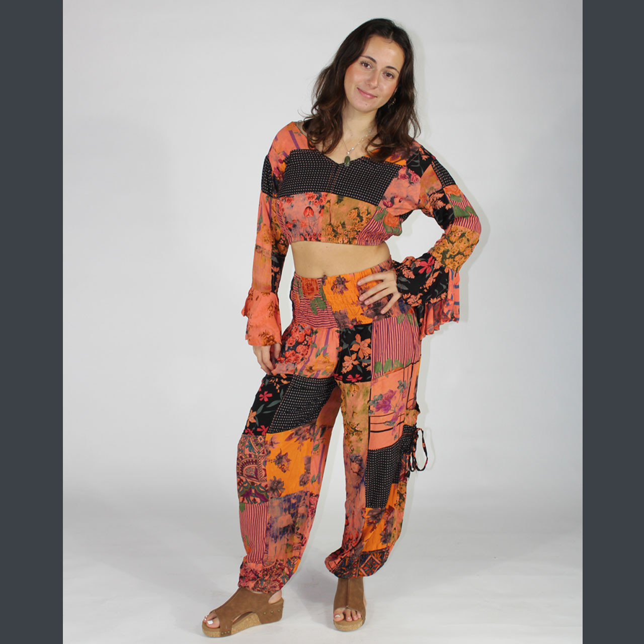 SUMMER SERENADE TOP Rayon Patchwork Tie Dye 3/4 Sleeve Crop Top