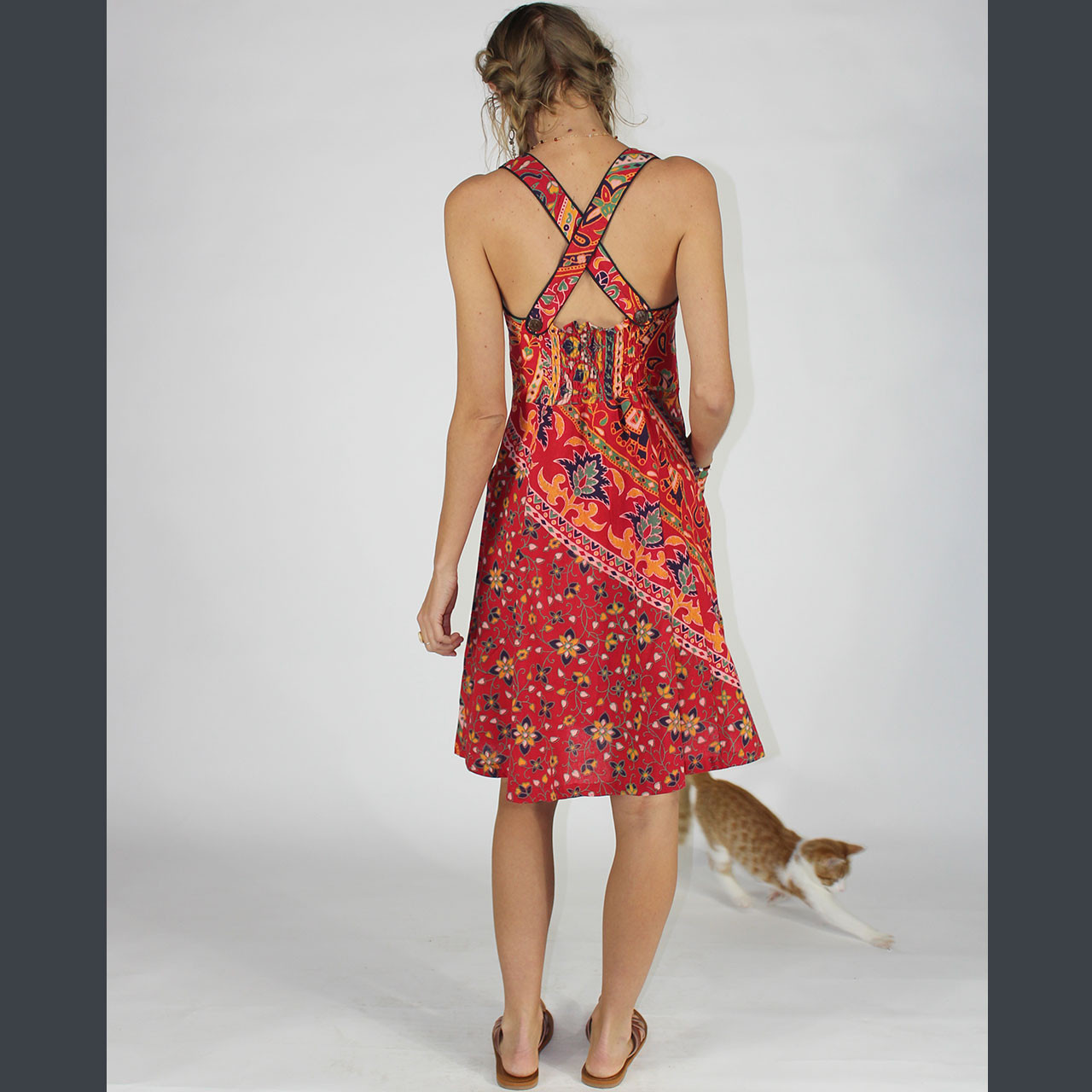 Caravan Dreams Dress Cotton Indian Print Tank Sleeve Mini Dress w/ Pocket - Back Smocking, Piping Side Zippier