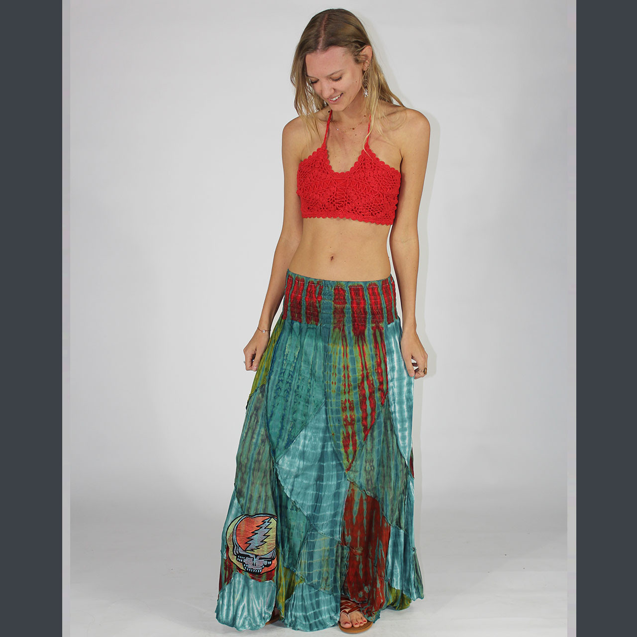 【BAON】Kyui Check Peach Fuzz Banding Long Skirt PSYCHEDELIC STITCH MAXI SKIRT Viscose Tie Dye Patchwork