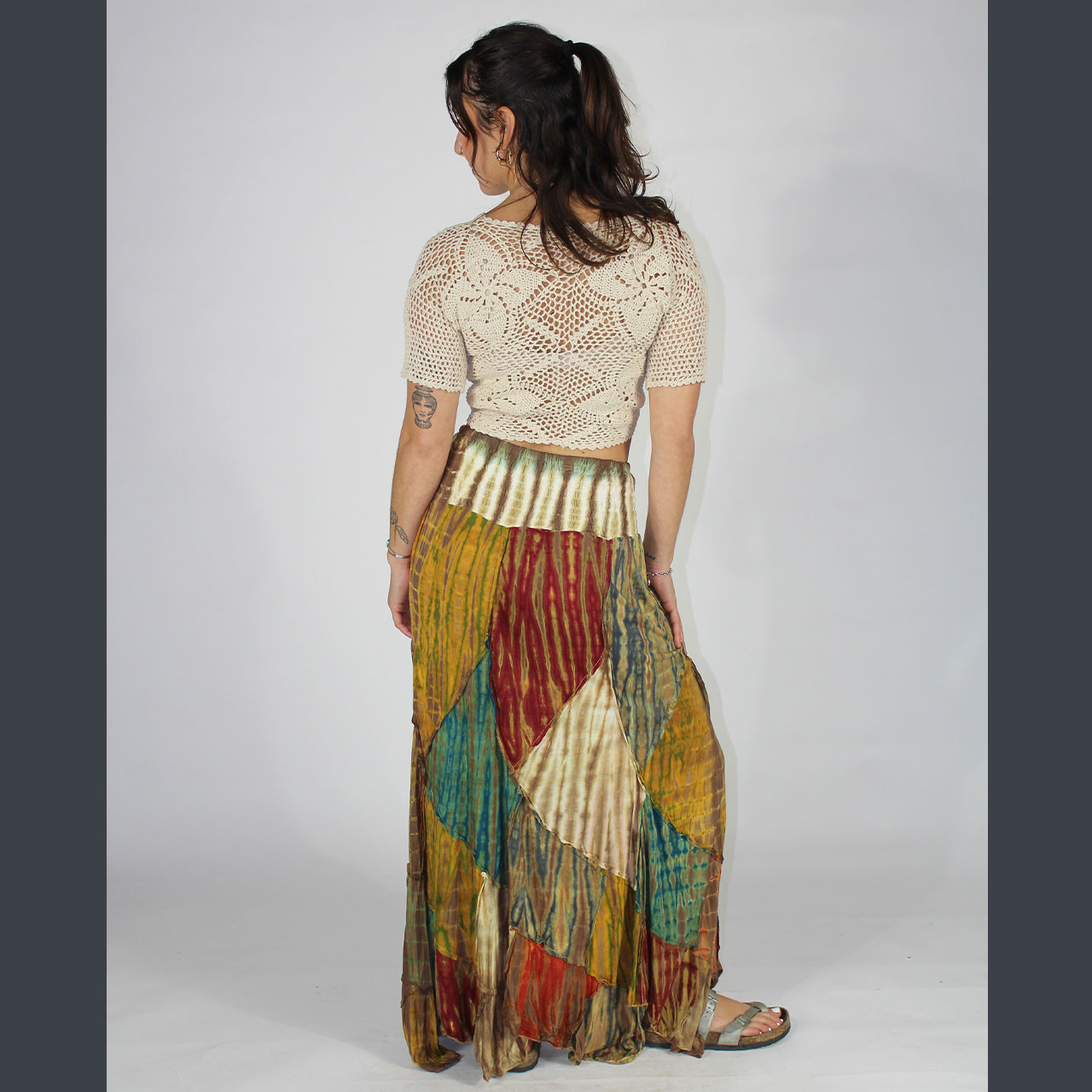 PSYCHEDELIC STITCH MAXI SKIRT Viscose Tie Dye Patchwork Angle Cut