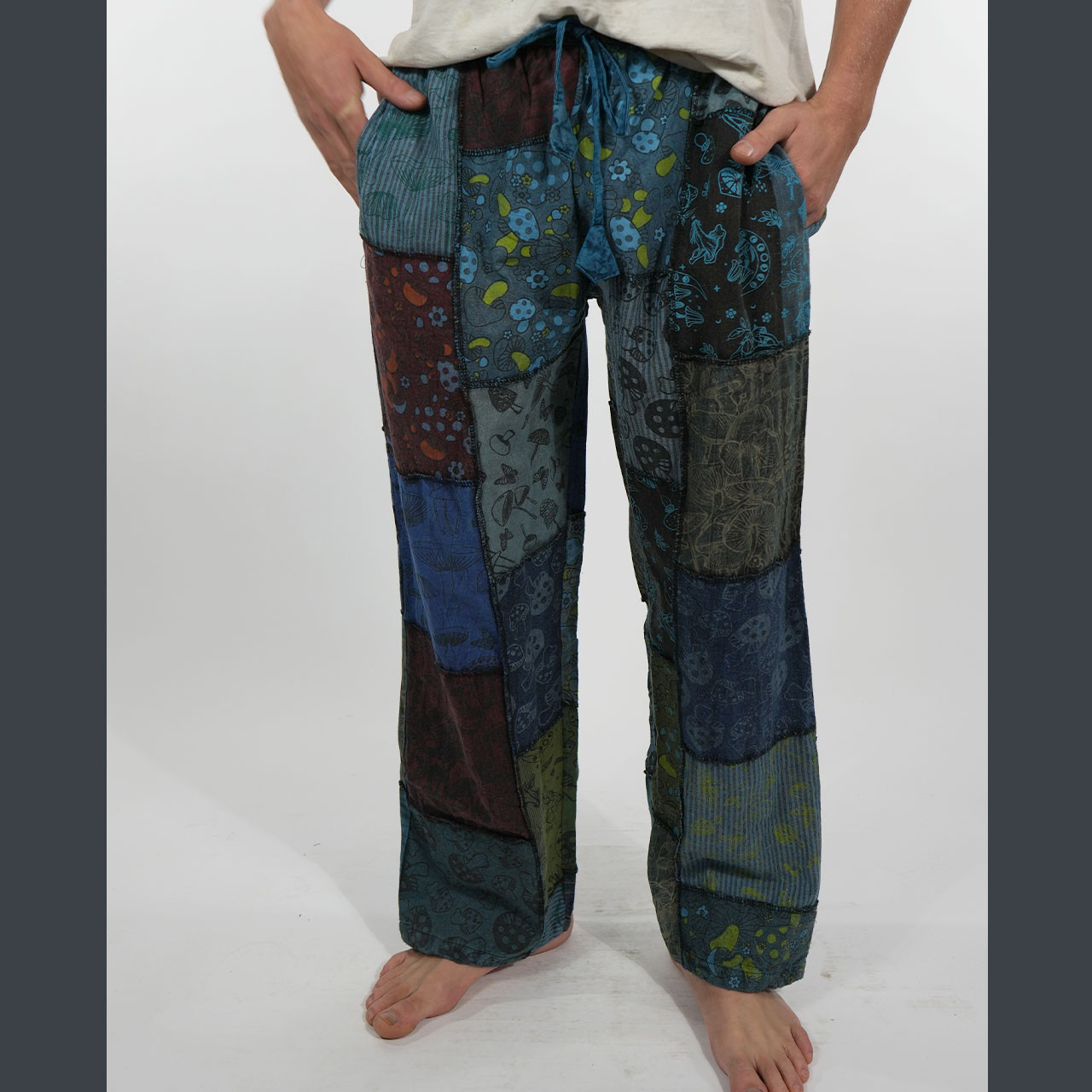 SHROOMSCAPE PANTS Cotton Stonewash Mushroom Print Patchwork w