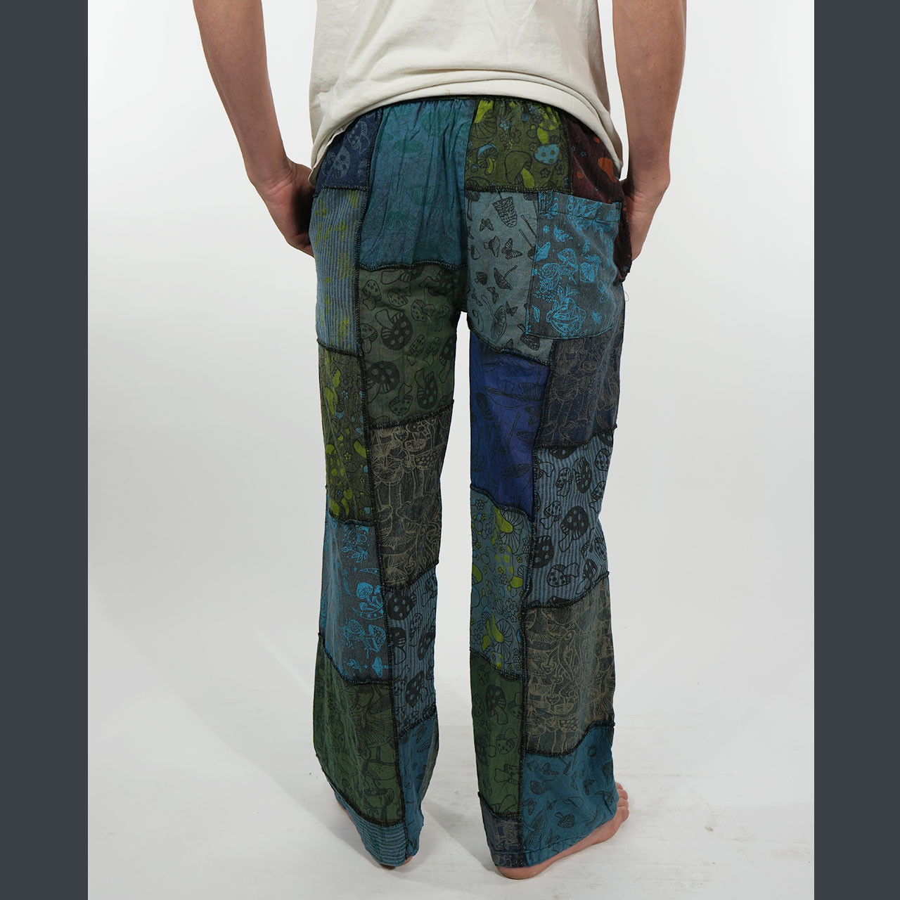 SHROOMSCAPE PANTS Cotton Stonewash Mushroom Print Patchwork w