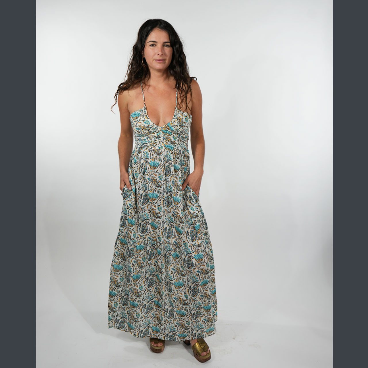 drawstring halter maxi dress Zivah Women's Casual Vacation Drawstring Halter Backless High Split Flared Maxi Dress, Retro Style, Suitable For Summer