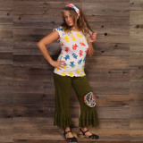 STEAL YOUR FACE CAPRI’S Cotton Ruffle Capri with Grateful Dead Embroidery On One Leg