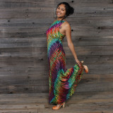 IN THE BRIGHT LIGHT MAXI DRESS Rayon Spandex Maxi Dress w/ Spaghetti Tie Back Straps  Green Rainbow Tie Dye