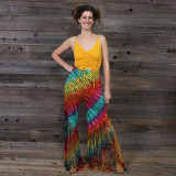 IN THE BRIGHT LIGHT FRINGE PANTS Rayon Spandex Fringe Cut Pants Green Rainbow Tie Dye