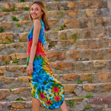 HOLD ON DRESS Spandex Rayon Mudmee Tie Dye Multi Angle Cut Layered Short Tank Dress