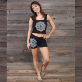 ACROSS THE UNIVERSE SHORTS Cotton Lycra Booty Shorts Bow Side Razor Cut & Single Right Front Mandala Emb.