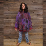 EASY RIDER PONCHO Heavy Cotton Gherri + Print Patchwork Hooded Button Up Poncho w/ Pockets & Fringe