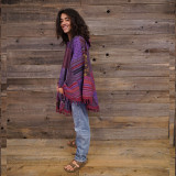 EASY RIDER PONCHO Heavy Cotton Gherri + Print Patchwork Hooded Button Up Poncho w/ Pockets & Fringe
