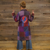 ALL NIGHT LONG JACKET Overdye Cotton Patchwork Button Up Long Jacket w/ Steal Your Face Applique' , Front Pockets & Fleece Lining