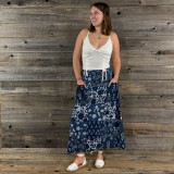 INDIGO GARDEN MAXI SKIRT -Cotton Indigo Dye Print Patchwork Maxi Skirt w/ Front Pockets